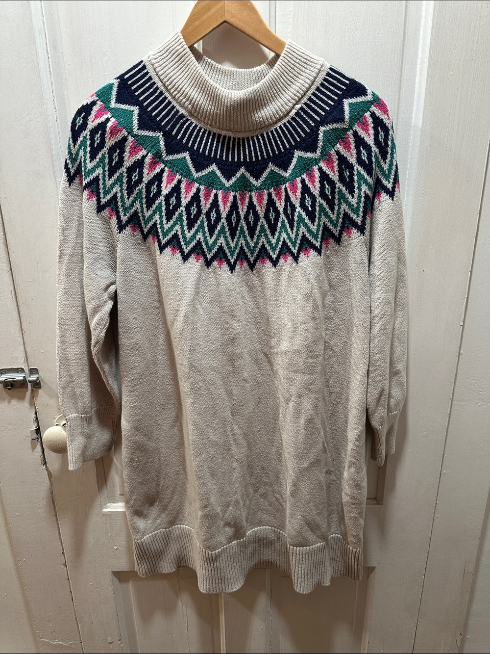 Old Navy Cream Long-Sleeve Sweater Dress with Navy, Green & Pink Fair Isle Yoke